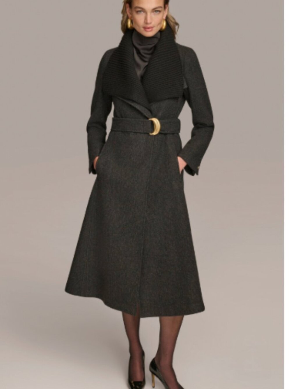 Donna Karan Rib Belted Wool Blend Wrap Coat - Picture 2 of 9